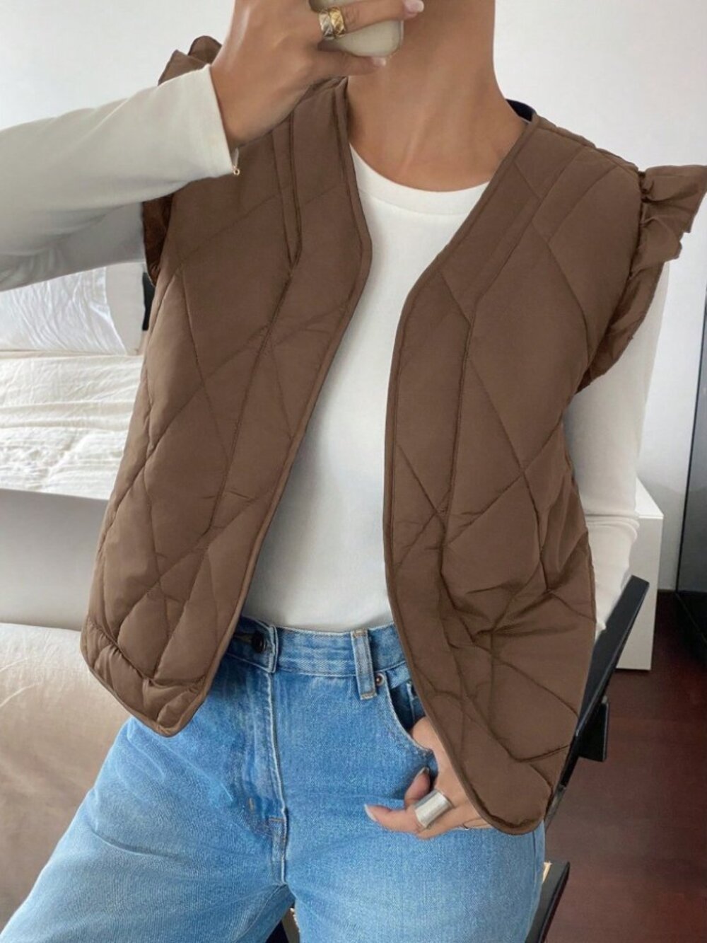 Brown Quilted Puffer Vest with Ruffle Trim Shoulders